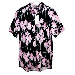 Wesc Mens Black Pink Palm Tree Print ButtonUp Shirt Short Sleeve Lightweight S